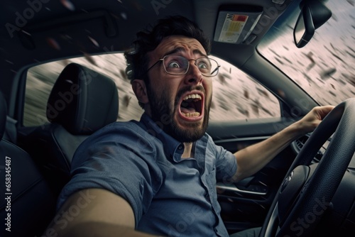 A man sitting in a car with a surprised expression and his mouth wide open. This image can be used to depict shock, surprise, or disbelief. It is also suitable for illustrating reactions to unexpected