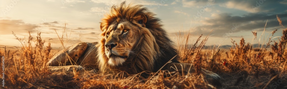 Fototapeta premium A Panoramic View of a Serene Lion in Its Natural Habitat