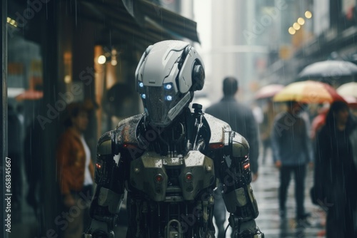 A picture of a robot walking down a street in the rain. This image can be used to depict futuristic technology, urban life, or a rainy day scene.