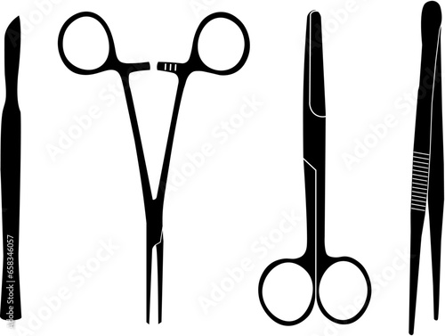 Surgical instruments. Medical hemostatic clamp, scissors, tweezer, needle holder, scalpel. Surgical, medical tools. Medical instruments. Icons. Isolated on white background. Vector illustration.