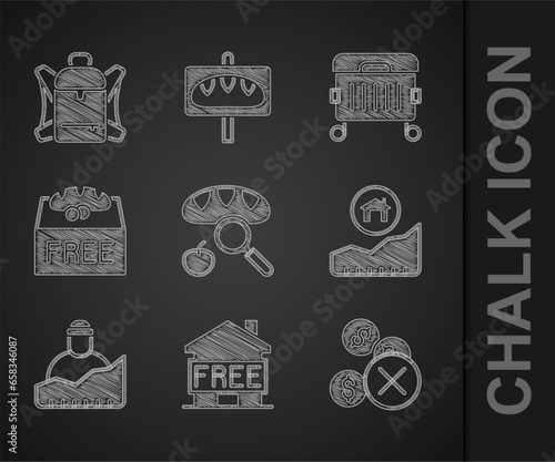 Set Searching for food, Shelter homeless, No money, Rising cost of housing, Growth, Donation, Trash can and Hiking backpack icon. Vector