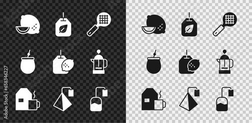 Set Lemon, Tea bag with leaf, strainer handle, Cup of tea milk, Mate and lemon icon. Vector