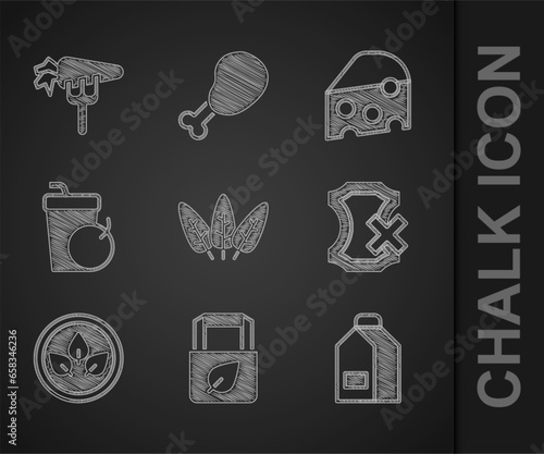 Set Leaf, Shopping bag with recycle, Paper package for milk, No leather, Vegan food diet, Fresh smoothie, Cheese and Carrot icon. Vector