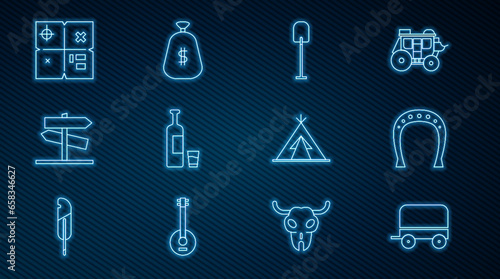 Set line Wild west covered wagon, Horseshoe, Shovel, Whiskey bottle and glass, Road traffic signpost, Treasure map, Indian teepee wigwam and Money bag icon. Vector