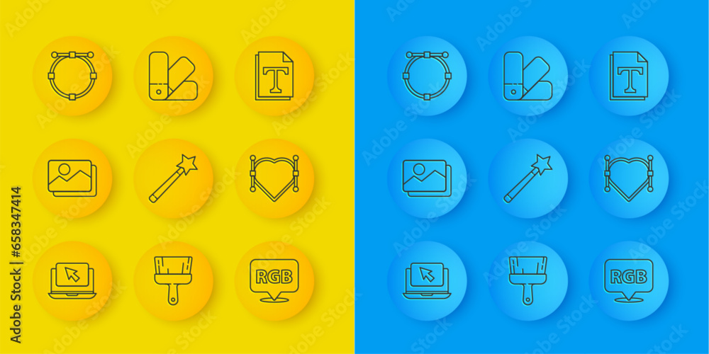 Set line Laptop and cursor, Picture landscape, Magic wand, Speech bubble with RGB CMYK, Heart Bezier curve, Circle, Text file document and Color palette guide icon. Vector Set line Laptop and cursor, Picture landscape, Magic wand, Speech bubble with RGB CMYK, Heart Bezier curve, Circle, Text file document and Color palette guide icon. Vector