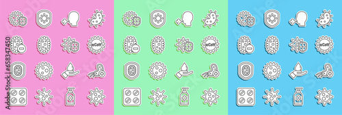 Set line Virus, Positive virus, Corona 2019-nCoV, Man coughing, Negative, Shield protecting from and icon. Vector