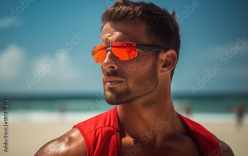 A vigilant handsome muscular lifeguard patrolling the beach