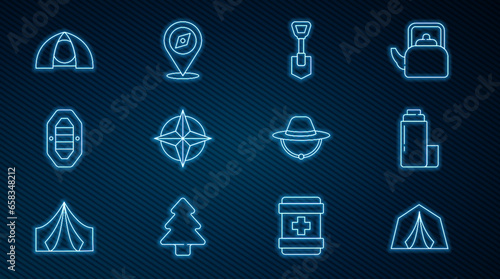 Set line Tourist tent, Thermos container, Shovel, Wind rose, Rafting boat, Camping hat and Compass icon. Vector