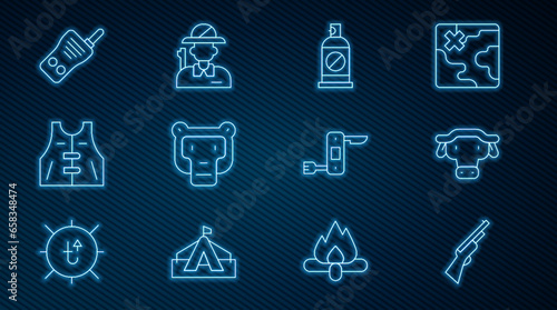 Set line Hunting gun, African buffalo head, Spray against insects, Monkey, jacket, Walkie talkie, Swiss army knife and Hunter icon. Vector
