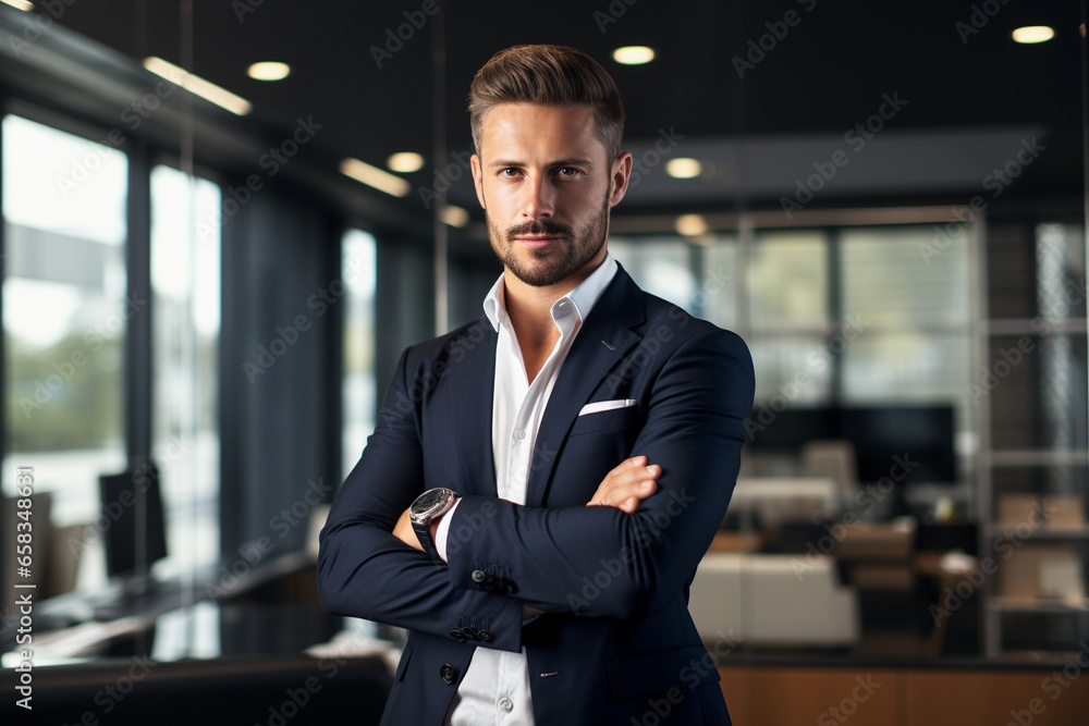 Businessman posing with arms crossed in the office, Navy Blue Suit, confident, looking serious, office in the background Businessman posing with arms crossed in the office, Navy Blue Suit, confident, looking serious, office in the background