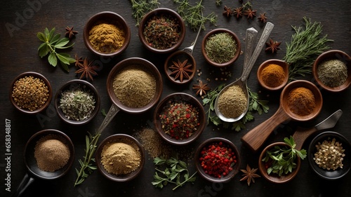 kinds of spices on a wooden counter