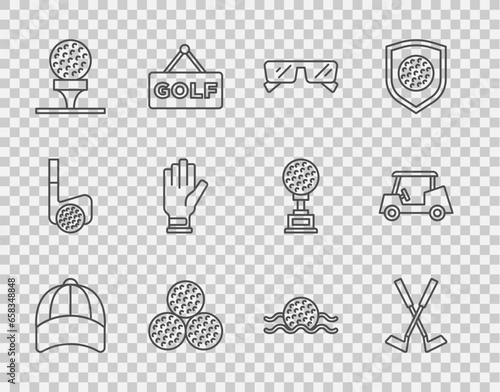 Set line Baseball cap, Crossed golf club, Glasses, Golf, on tee, glove, in water and car icon. Vector