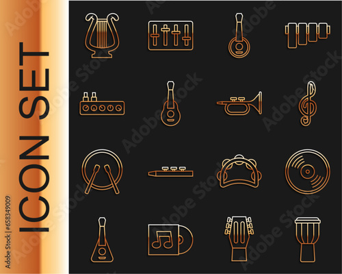 Set line Drum, Vinyl disk, Treble clef, Banjo, Guitar, Sound mixer controller, Ancient lyre and Trumpet icon. Vector photo