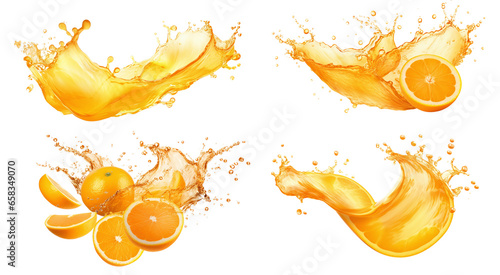 Isolated Orange Juice Splash on a Transparent Background  Fruit Juice Crown Splashes, Wave Swirls, and Shiny Yellow Liquid Droplets – Fresh and Clear Beverage
