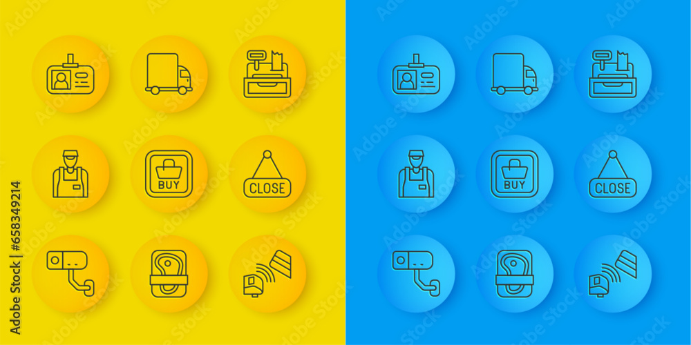Set line Security camera, Seller, Buy button, POS terminal with credit card, Hanging sign Closed, Identification badge, Cash register machine and Delivery cargo truck icon. Vector Set line Security camera, Seller, Buy button, POS terminal with credit card, Hanging sign Closed, Identification badge, Cash register machine and Delivery cargo truck icon. Vector