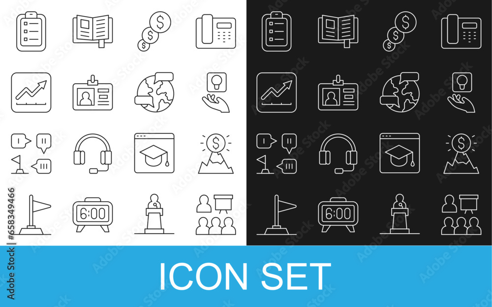Set line Training, presentation, Mountains with flag, Light bulb, Financial growth and dollar, Identification badge, increase, To list or planning and Worldwide icon. Vector