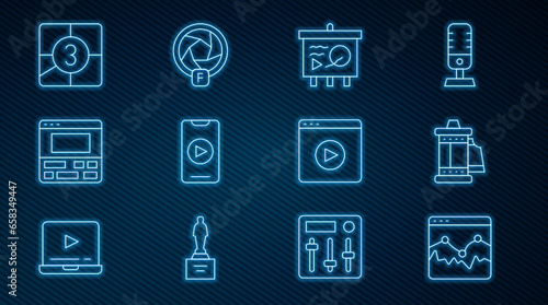 Set line Music wave equalizer, Camera roll cartridge, Scenario on chalkboard, Online play video, Video recorder laptop, Old film movie countdown frame, and shutter icon. Vector