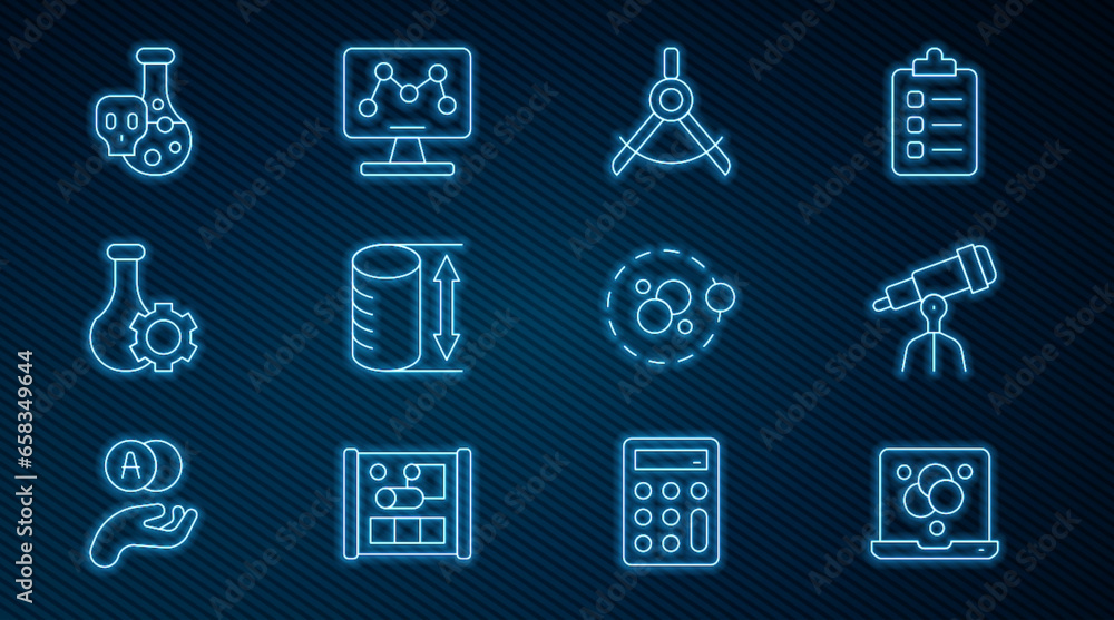 Set line Chemical formula, Telescope, Drawing compass, Height geometrical figure, Test tube, with toxic liquid, Atom and Genetic engineering icon. Vector