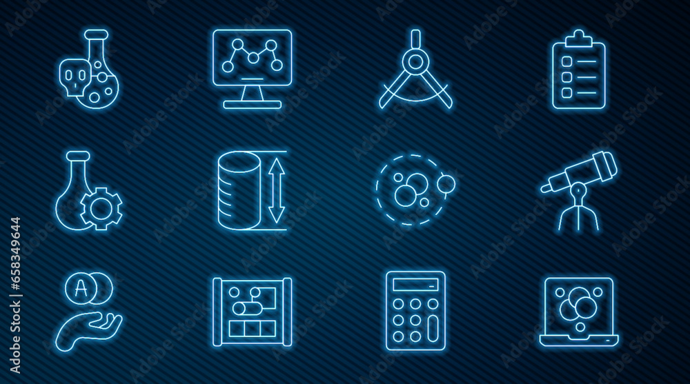 Set line Chemical formula, Telescope, Drawing compass, Height geometrical figure, Test tube, with toxic liquid, Atom and Genetic engineering icon. Vector Set line Chemical formula, Telescope, Drawing compass, Height geometrical figure, Test tube, with toxic liquid, Atom and Genetic engineering icon. Vector