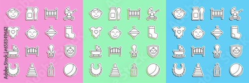 Set line Beach ball, Baby on shield, socks, crib cradle bed, Little boy head, clothes, and Whirligig toy icon. Vector