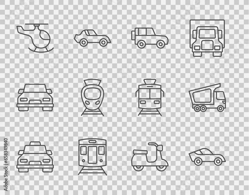 Set line Taxi car, Car, Off road, Train and railway, Helicopter, Tram, Scooter and Delivery cargo truck icon. Vector