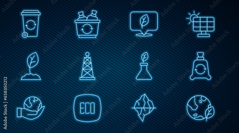 Set line Earth globe and leaf, Garbage bag with recycle, Location, Oil rig, Sprout, Recycle bin, Plant breeding and icon. Vector Set line Earth globe and leaf, Garbage bag with recycle, Location, Oil rig, Sprout, Recycle bin, Plant breeding and icon. Vector