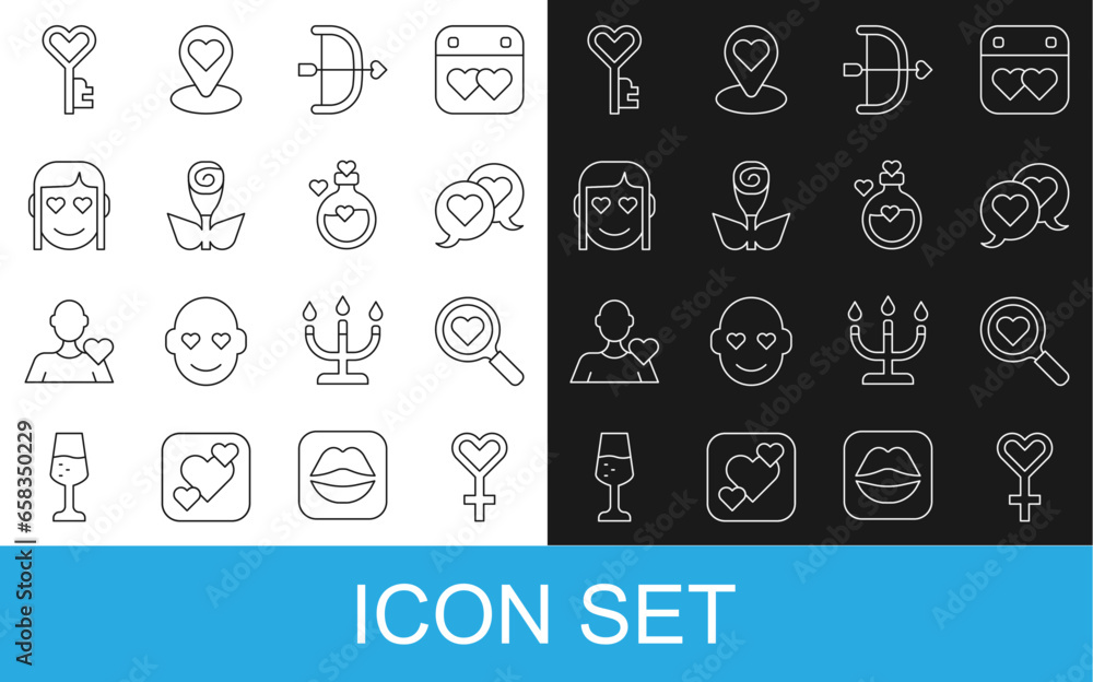 Set line Female gender symbol, Search heart and love, Heart in speech bubble, Bow arrow, Flower rose, Romantic girl, Key shape and Bottle with potion icon. Vector Set line Female gender symbol, Search heart and love, Heart in speech bubble, Bow arrow, Flower rose, Romantic girl, Key shape and Bottle with potion icon. Vector