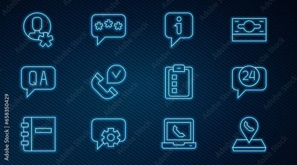 Set line Call center location, Telephone 24 hours support, Information, handset, Question Answer, Elected employee, Online quiz, test, survey and Speech bubble chat icon. Vector