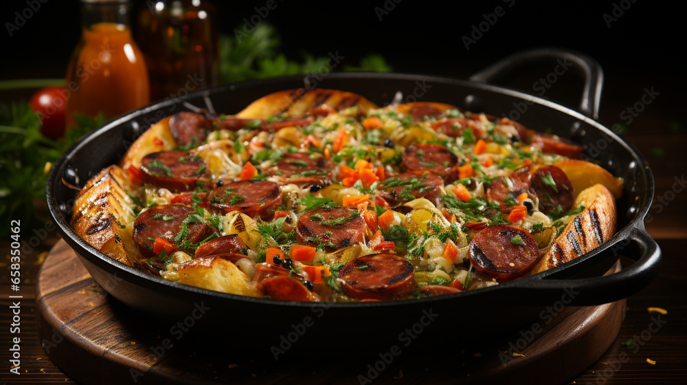 A breakfast skillet featuring sliced breakfast sausage UHD wallpaper Stock Photographic Image