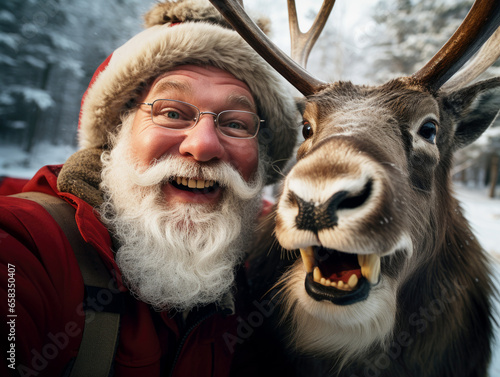 Der Weihnachtsmann und sein Rentier machen ein lustiges Selfie, winterlicher Wald mit Schnee im verschwommenen Hintergrund