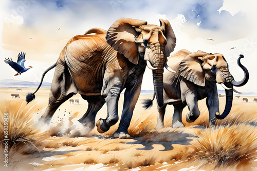 Animals running beautifully on the African grasslands.Generative AI