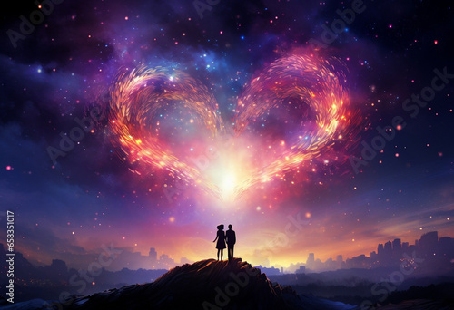 a couple in front of a heart shape nebulae, romantic cosmic landscape, Valentine's Day Concept