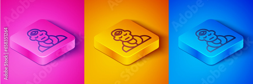 Isometric line Wizard warlock icon isolated on pink and orange, blue background. Square button. Vector
