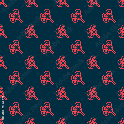 Red line Search for money icon isolated seamless pattern on black background. Vector