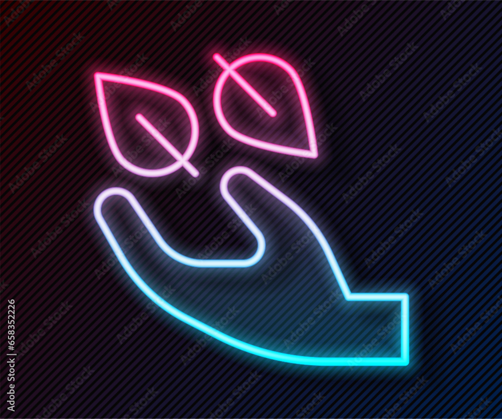 Glowing neon line Tea leaf in hand icon isolated on black background. Tea leaves. Vector Glowing neon line Tea leaf in hand icon isolated on black background. Tea leaves. Vector