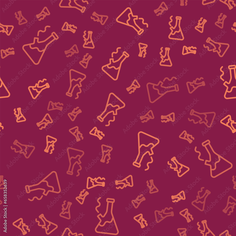 Brown line Glass bong for smoking marijuana or cannabis icon isolated seamless pattern on red background. Vector Brown line Glass bong for smoking marijuana or cannabis icon isolated seamless pattern on red background. Vector