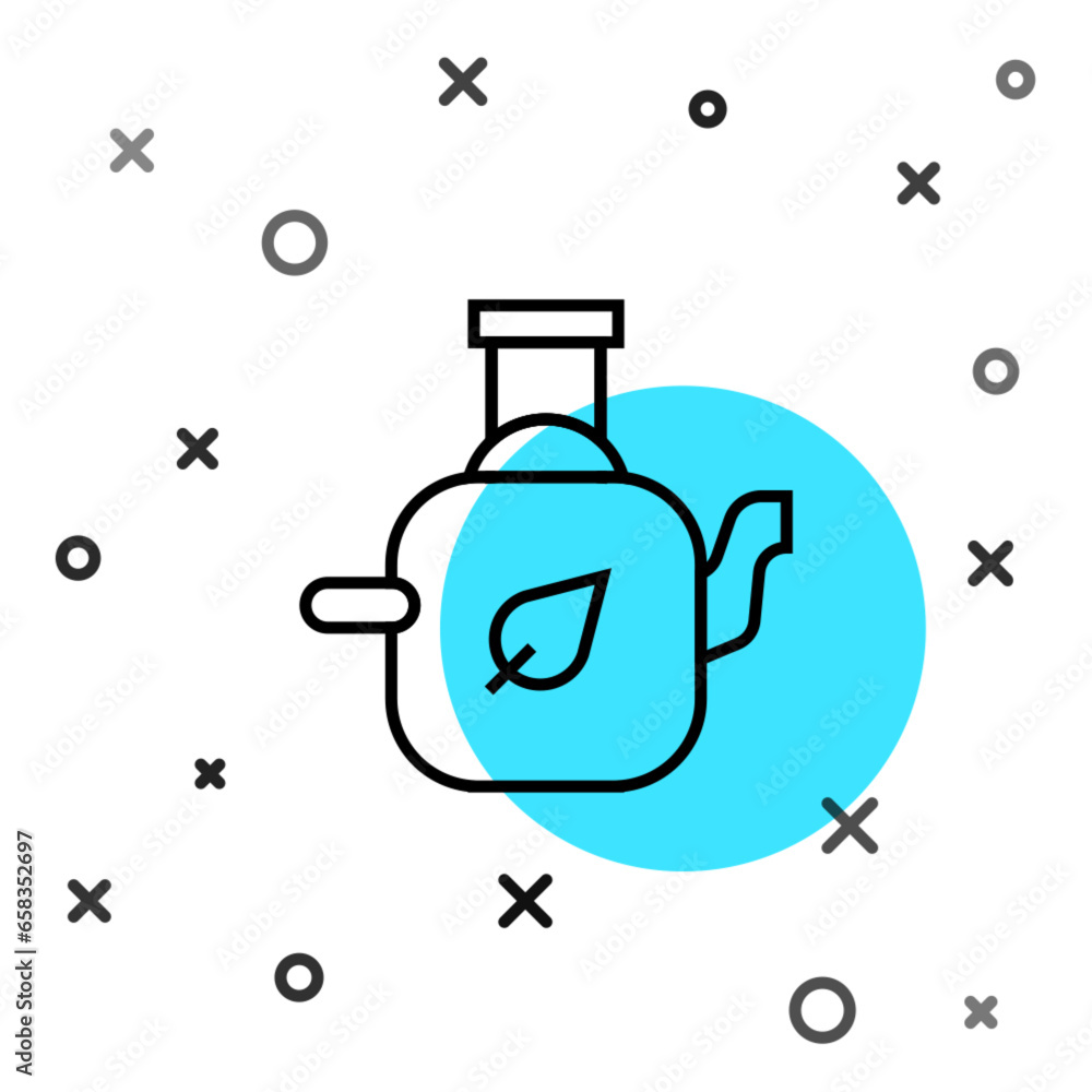 Fototapeta premium Black line Teapot with leaf icon isolated on white background. Random dynamic shapes. Vector