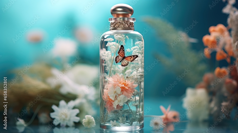 a glass bottle filled with flowers and a butterfly on top of it. generative ai a glass bottle filled with flowers and a butterfly on top of it. generative ai