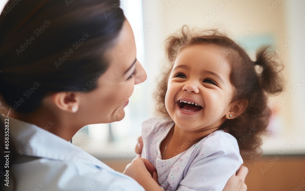 A pediatrician examining a smiling child in a clinic A pediatrician examining a smiling child in a clinic