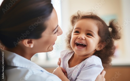 A pediatrician examining a smiling child in a clinic