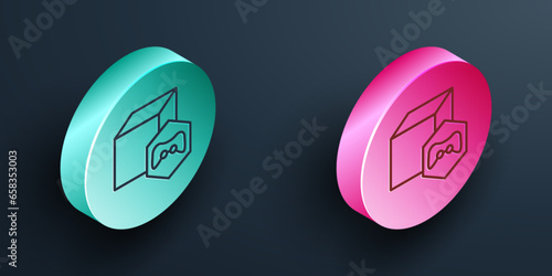 Isometric line NFT Digital crypto art icon isolated on black background. Non fungible token. Turquoise and pink circle button. Vector