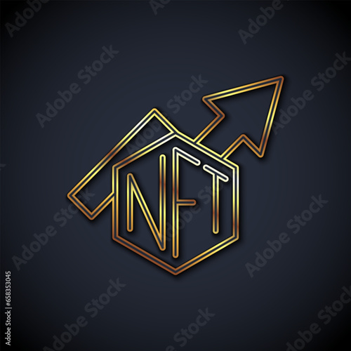 Gold line NFT growth bar chart icon isolated on black background. Non fungible token. Digital crypto art concept. Vector