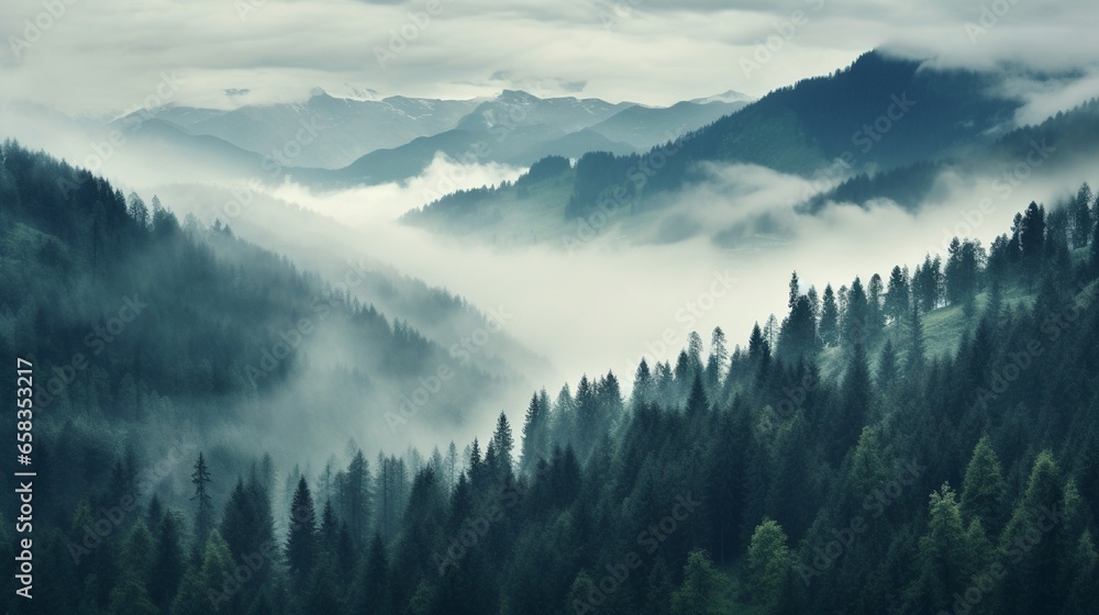 The forest as seen from the mountain. Alps and fog.