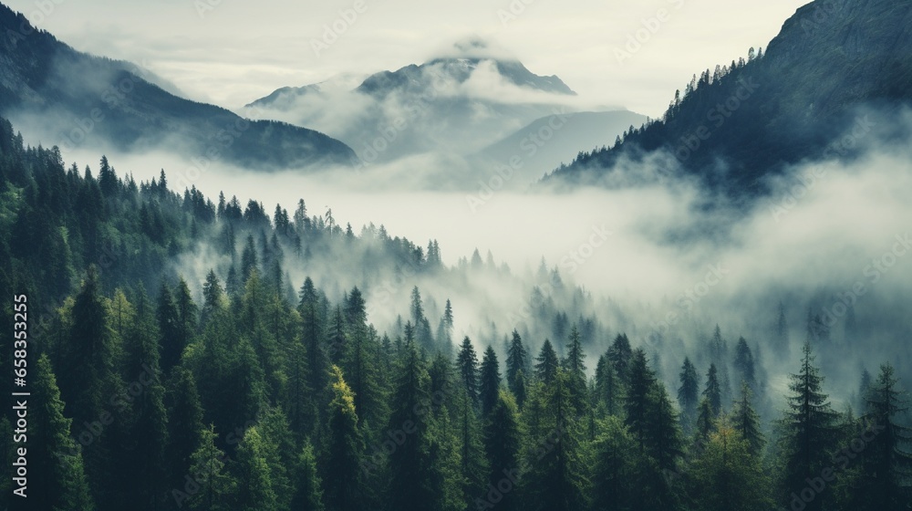 Obraz na płótnie The forest as seen from the mountain. Alps and fog. w salonie