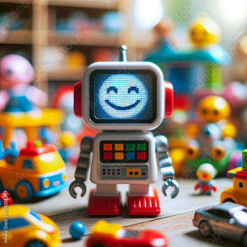 toy robot in a playful setting with toys around, his face displaying a radiant smiley face