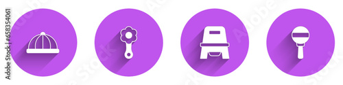 Set Baby hat, Rattle baby toy, potty and icon with long shadow. Vector