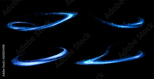 Abstract light lines of speed movement, blue colors. Light everyday glowing effect. semicircular wave, light trail curve swirl, optical fiber incandescent png. EPS10

