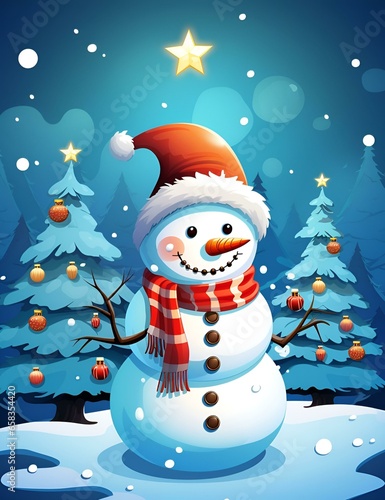 cartoon style snowman with Christmas tree