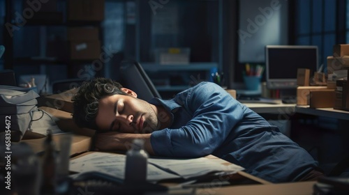 Exhausted young handsome business man sleeping on his office desk next to computer and documents. Company worker tired of overworking. Male employee workaholic suffering from chronic fatigue at © Irina