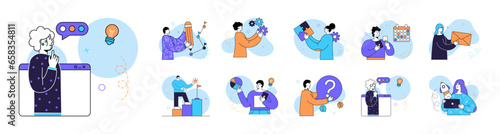 Business different illustration mega set. Office scene with business people. Workflow concept. Big set. Characters working at home office and coworking space. Vector illustration concept